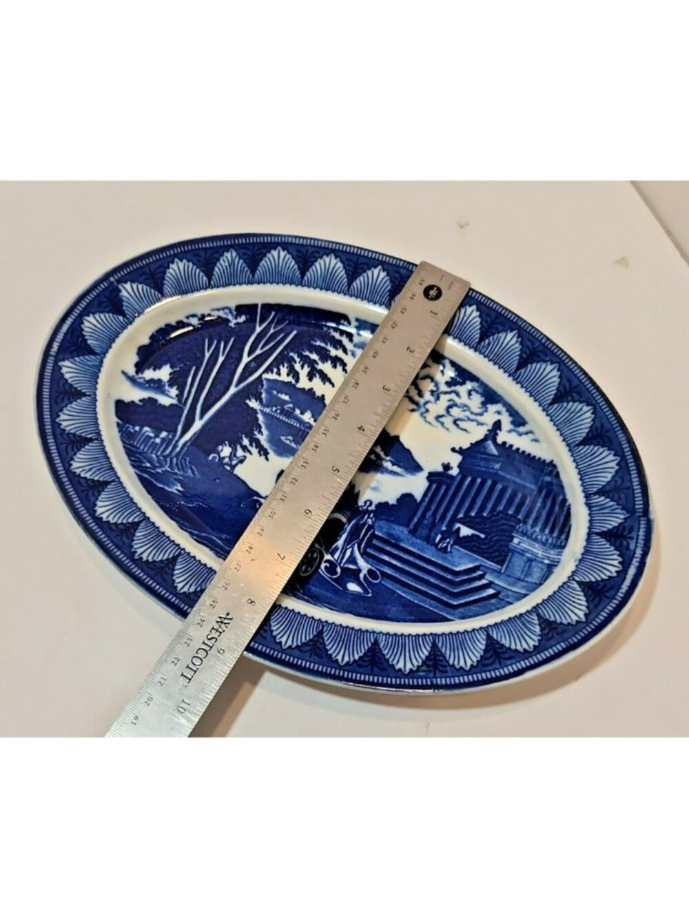 Antique Blue Transferware Oval Platter Made in Japan 9”X12” Republic Scene - Picture 13 of 13